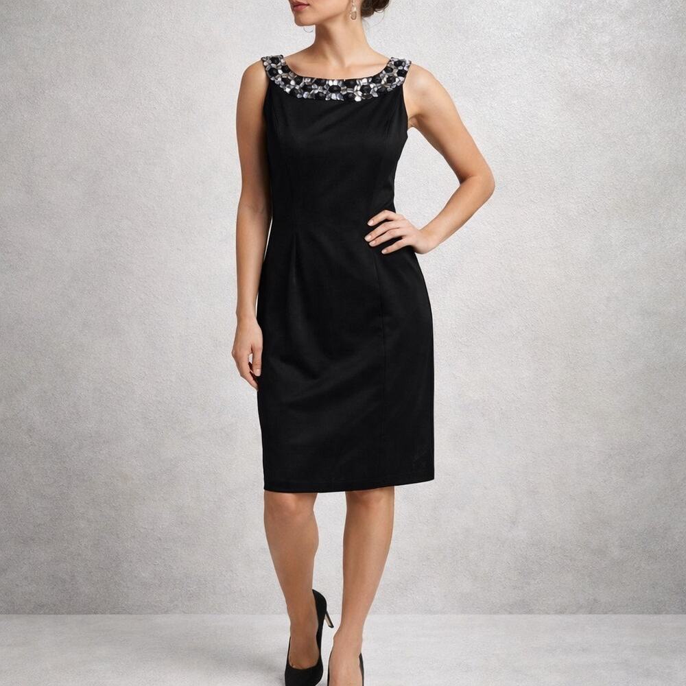 Connected Apparel Black Rhinestone Neckline Sheath Sleeveless Midi Dress Sz 6
